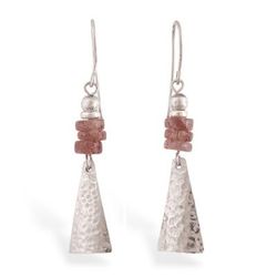 'Pyramid-Themed Silver Dangle Earrings with Rose Quartz Gems'