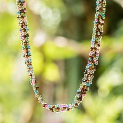 'Brown and Pastel-Hued Crystal Glass Beaded Strand Necklace'