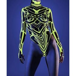 body da donna cyber mech a taglio alto, body a maniche lunghe stampato in 3D, tuta da guerriera robot futuristica, outfit sexy per rave party, abbigliamento da festival