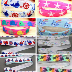 DHK 5/8'' 10yards Mermaid Lobster Anchor Whale Dolphin Printed Fold Elastic FOE Stretch Ribbon Decorations DIY Sewing B2328