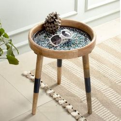 'Floral Tile-Themed Wood Accent Side Table with Resin Coating'