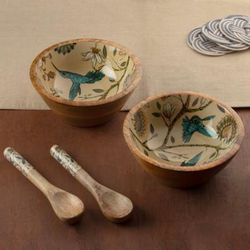 'Nature-Themed Enameled Wood Salad Bowl Spoon 4-Piece Set'
