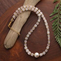 'Gold-Accented Rose Quartz Cultured Pearl Pendant Necklace'