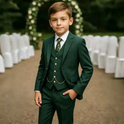 Costume vert foncé pour garçons, 3 pièces, coupe ajustée, smoking, tenue formelle pour enfants, blazer, gilet, pantalon, ensemble pour mariage, fête, bal