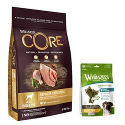10kg All Breeds Senior Original Dry Dog Food Wellness Core + 14 pieces Soft Size M: for medium-sized dogs Dog Snacks Whimzees