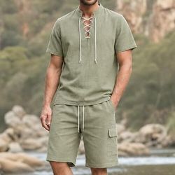 Set Medievale Rinascimento T-shirt Shorts Vichingo Tessuto misto 95% lino Costume Per uomo Halloween Carnevale LARP Fiera Rinascimentale Vacanza al Mare Adulti Top Shorts Estate