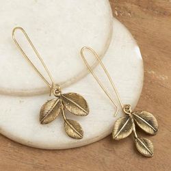 'Autumn-Themed Leaf-Shaped Antiqued Brass Dangle Earrings'