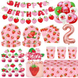 Strawberry Background Birthday Party Decoration Set Fruit Cake Topper Plates Napkins Supplies Girl Baby Shower Photography Props