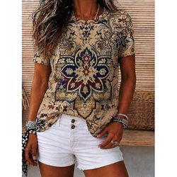 Per donna Maglietta Stampato Floreale Grafico Geometrico Vintage Elegante Casual Manica Corta Girocollo Scollo a V Top Regolari Casuale Quotidiano Weekend Marrone Verde Estate Primavera Autunno