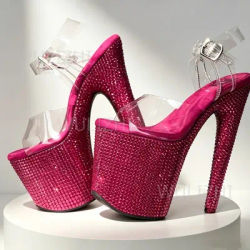 Sandales à talons ouverts Rose Pailleté avec Cristaux et Diamants pour Femme, Ornées de Bijoux Bleus, Verts et Jaunes, Boucle Personnalisée, Talon de 20 cm (8 Pouces), Chaussures de Pole Dance
