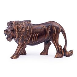 'Artisan-Made Dark Brown-Toned Sese Wood Fiery Lion Sculpture'
