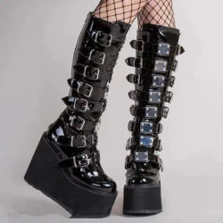 Bottes de Cosplay Hautes en Cuir pour Femme, Chaussures Confortables à Long Tube, Plateforme Noire, Compensées Hautes, Style Gothique, Punk