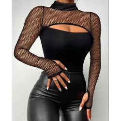 Haut femmes 2024 printemps mode contraste maille Sexy découpe à manches longues décontracté col montant plaine maigre quotidien t-shirt haut Y2K vêtements