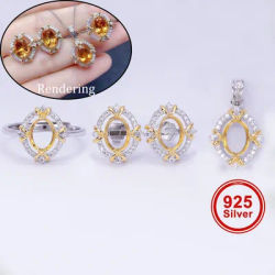 Dual-tone Plated Ring, Earrings, and Pendant Setting Kit 6*8mm, S925 Sterling Silver Material, Suitable for DIY Jewelry