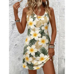 Robe de plage pour femmes, motif floral, sans manches, robe d'été, mode hibiscus, robes de fête, nouveaux hauts pour femmes