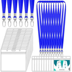 10/20/50pcs clear plastic horizontal name ID holders and blue lanyards, suitable for offices, schools, work volunteers.