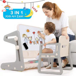 Kids Table and Chairs, 3-in-1 Activity & Study Table with Chairs, Convertible Kids Art Easel with Magnetic Whiteboard & Storage