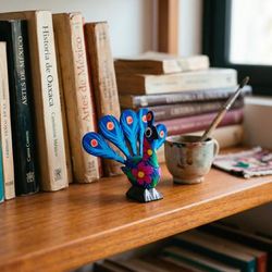 'Hand-Painted Sapphire and Fuchsia Alebrije Peacock Figurine'