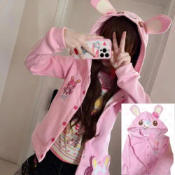 Japonais mignon manteau broderie lapin oreille à capuche sous-culture Kawaii Y2k hauts décontracté mode doux manteaux Ropa Mujer femmes vêtements
