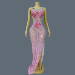 Robe de soirée rose dos nu, taille spectacle, cristaux scintillants, robe de Cocktail, de fête d'anniversaire, tapis rouge, robe longue Sexy pour femmes, Yucha