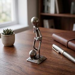 Strike a Goal,'Abstract Recycled Metal Figurine of Soccer Player with Ball'