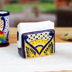 'Hand-Painted Talavera Blue and Yellow Ceramic Napkin Holder'