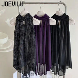 JOEVILU sans manches à lacets licou chemises en mousseline de soie pure Protection solaire couverture ample décontracté nœud papillon Blouse femmes Sexy hauts