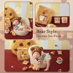 0-1 Month Bear Theme Newborn Photography Props for Baby Knitted Baby Outfit and Cookies Bread Coffee Toy with Matching Bear Hat