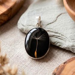 Midnight Dandelion,'Resin Polished Silver Pendant with a Natural Dandelion Seed'