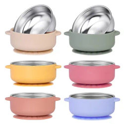 Silicone Sucker Bowl With Detachable Stainless Steel Bowl Baby Feeding Tableware for Infant and Baby Learning To Eat Baby Supply