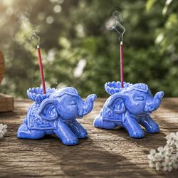 'Blue Elephant-Themed Crackled Ceramic Incense Holder Pair'