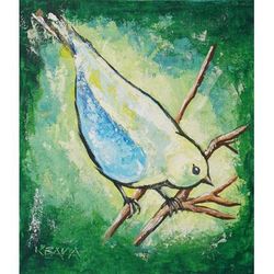 Yellow Bird II,'Acrylic Impressionist Bird Painting in a Cool Color Scheme'