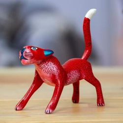 The Strawberry Jaguar,'Strawberry Copal Wood Jaguar Alebrije Figurine from Mexico'
