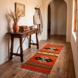 'Hand-Loomed Geometric Fringed 1.5x4 Zapotec Wool Runner'