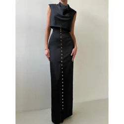 Jupe élégante solide, tenue de printemps pour femmes, sans manches, col mi-haut, haut + taille haute, jupe droite à simple boutonnage, ensemble deux pièces