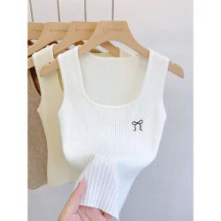 Haut tricoté décontracté pour femmes, débardeur brodé avec nœud papillon, col carré, sans manches, haut court, couche de Base Simple, été