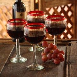 Ruby Globe,'Set of 4 Hand Blown Wine Glasses Clear with Red Rim Mexico'