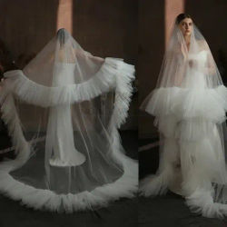 Voile de mariée en Tulle à deux couches, bord à volants, avec peigne, voile de mariée moelleux, couverture faciale personnalisée
