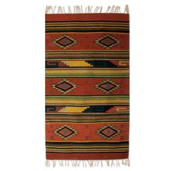 Rhombus Fire,'Hand Loomed Zapotec Wool 2.5x5 Area Rug from Oaxaca'