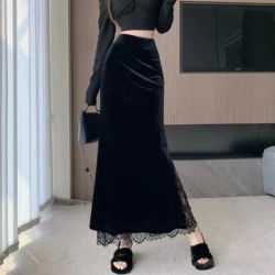 Jupe longue vintage automne-hiver taille haute élégante et raffinée avec dentelle épissée, style Y2K en velours pour femme