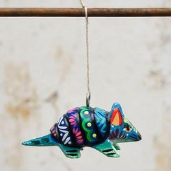 'Armadillo-Themed Hand-Painted Pinewood Alebrije Ornament'