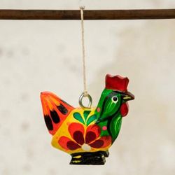 Happy Hen,'Hen and Floral-Themed Hand-Painted Wood Alebrije Ornament'