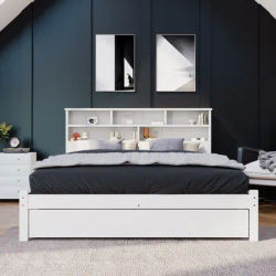 White wooden storage bed with bookshelf headboard and bottom drawers -4-foot 6-bed rack, compatible with 135x190 mattress, space saving bedroom furniture (mattress not included)