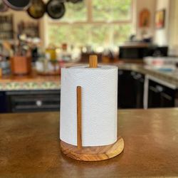 'Rustic-Inspired Hand-Carved Teak Wood Paper Towel Holder'