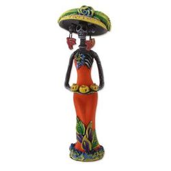 Catrina with Pumpkins,'Ceramic Catrina Skeleton Statuette in Orange from Mexico'