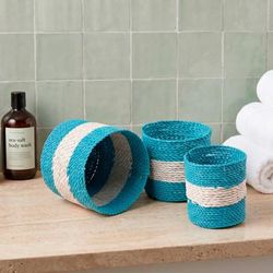 'Woven 3-Piece Agel Brass Basket Set in Blue and White Hues'