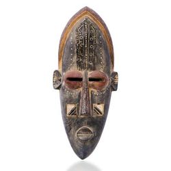 Shielded Realm,'Antiqued Aluminum and Sese Wood African Mask from Ghana'