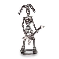 Girl with a Guitar,'Rustic Recycled Metal Sculpture of Woman Playing the Guitar'