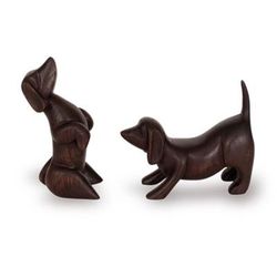 'Hand-Carved 2-Piece Cedarwood Figurine Set of Playful Dogs'