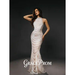 GraceProm – robe de soirée élégante, haineux en ivoire, avec chaîne perlée, tapis, mode, ligne a, longueur au sol, robe de soirée, 2026